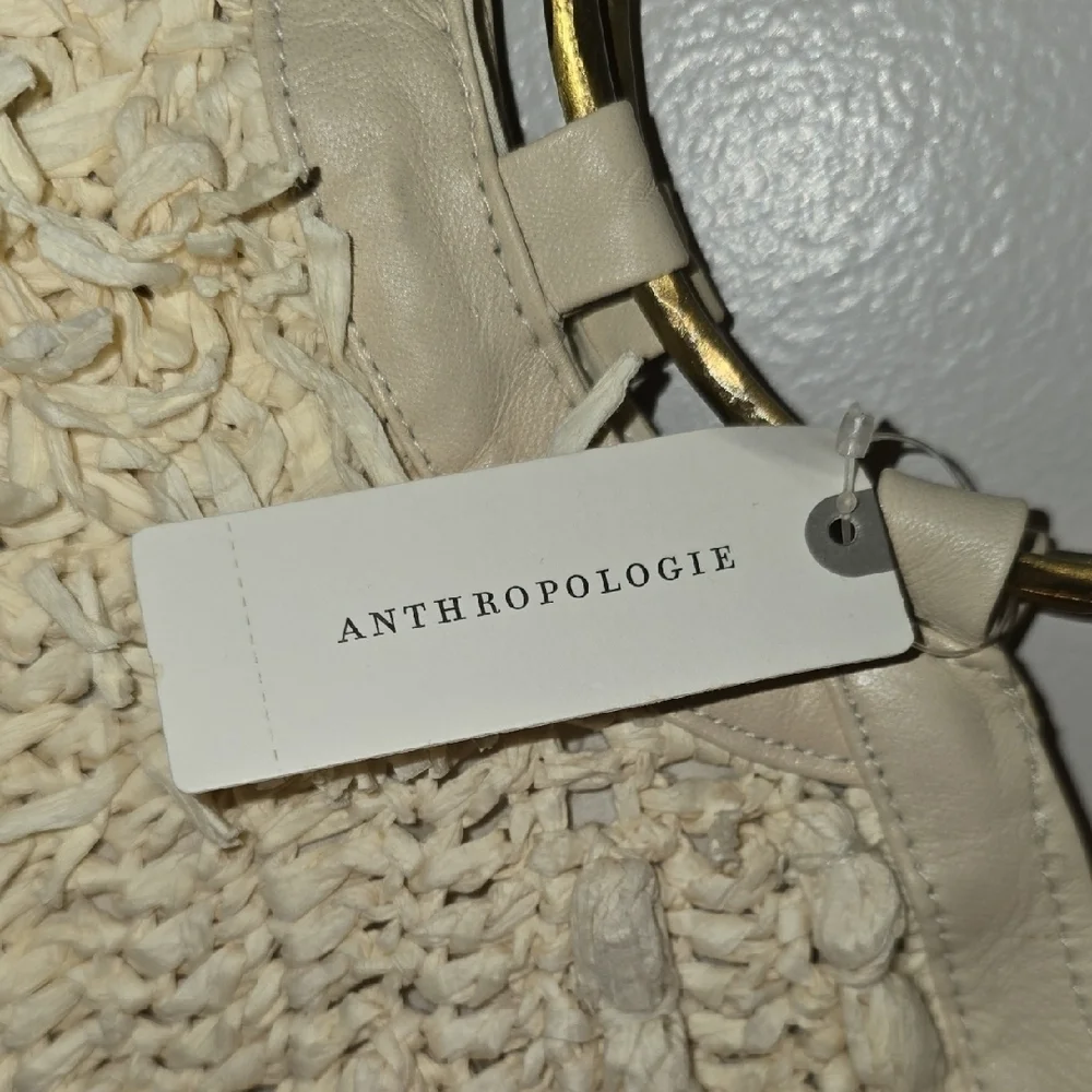 Anthropologie Beige Textured Tote with Gold Ring Handles NWT LOT-Q - Picture 3 of 11